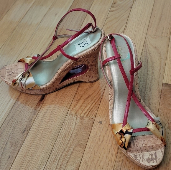Qupid 8.5m Florsl Fabric Strappy Cork Wedge Heels - Picture 4 of 7